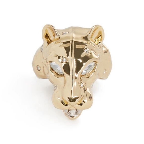ALEXIS BITTAR• NEW Gleaming Gold Sculpted Panther Head Crystal Power Ring size 7 - Picture 2 of 15